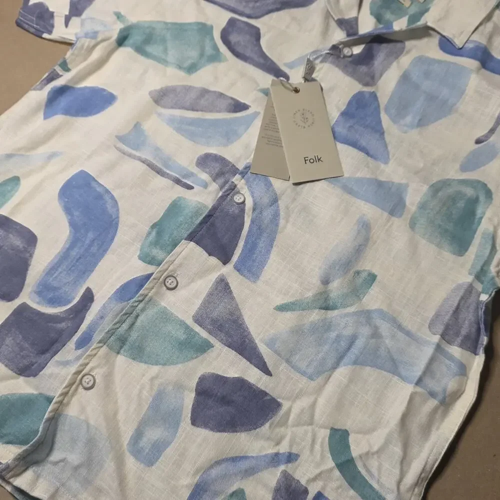 FOLK Men's PALCONT Short Sleeve Linen Blend Abstract Shirt color Blue Size M NEW